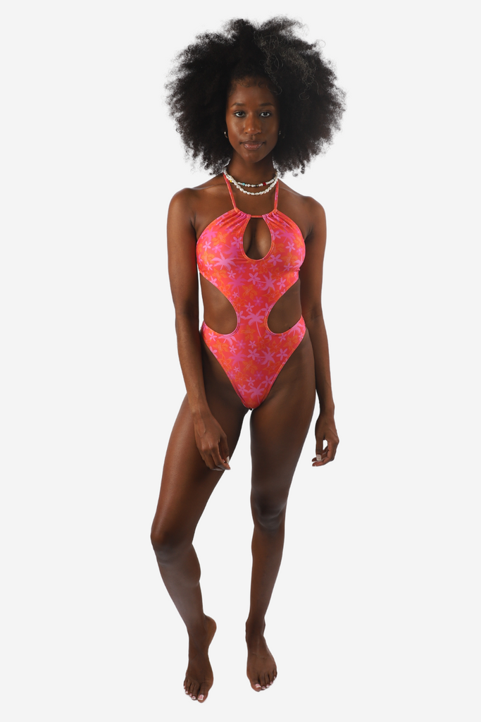 Black and pink one top piece swimsuit